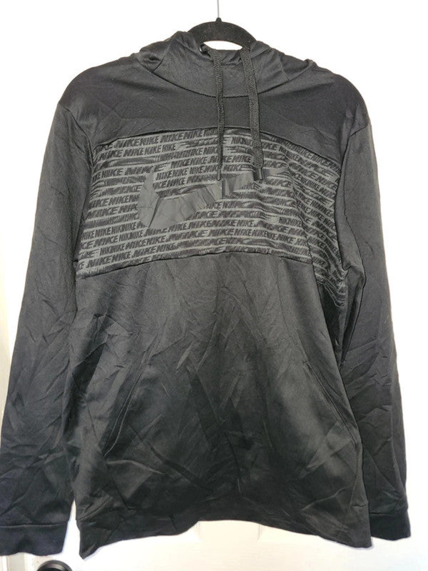 Nike Dri-FIT Black Hoodie with Repeating Logo Design - Size L