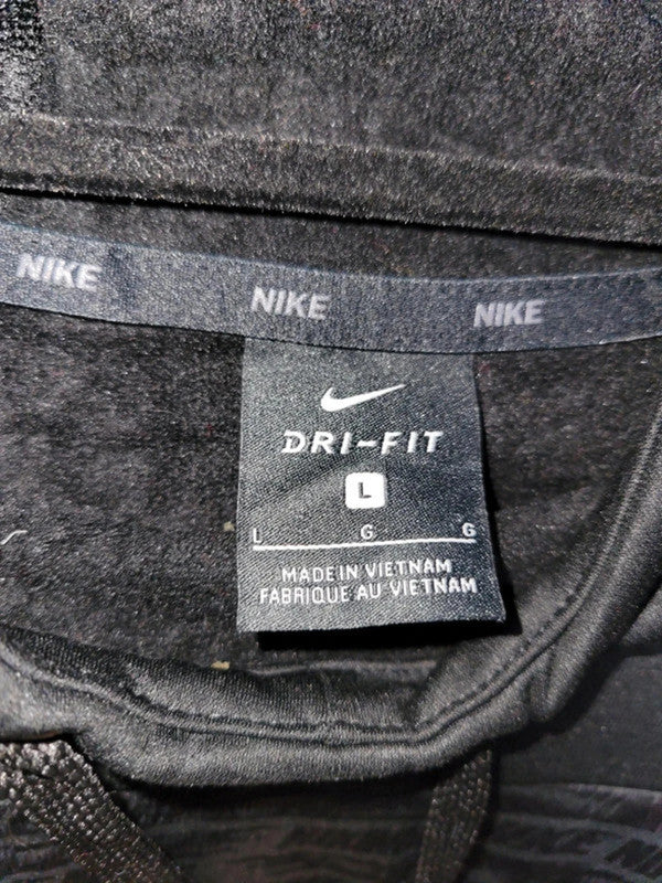 Nike Dri-FIT Black Hoodie with Repeating Logo Design - Size L