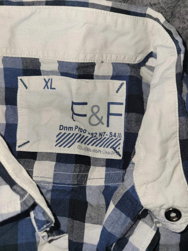 F&F Denim Blue & White Checkered Shirt, Men's XL