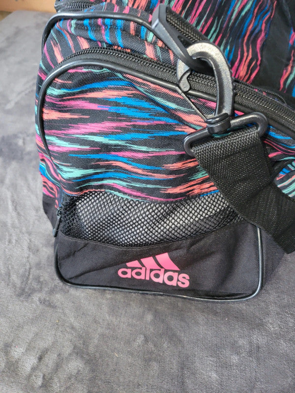 Adidas Multi-Colour Print Duffel / Gym Bag – Black with Pink Logo