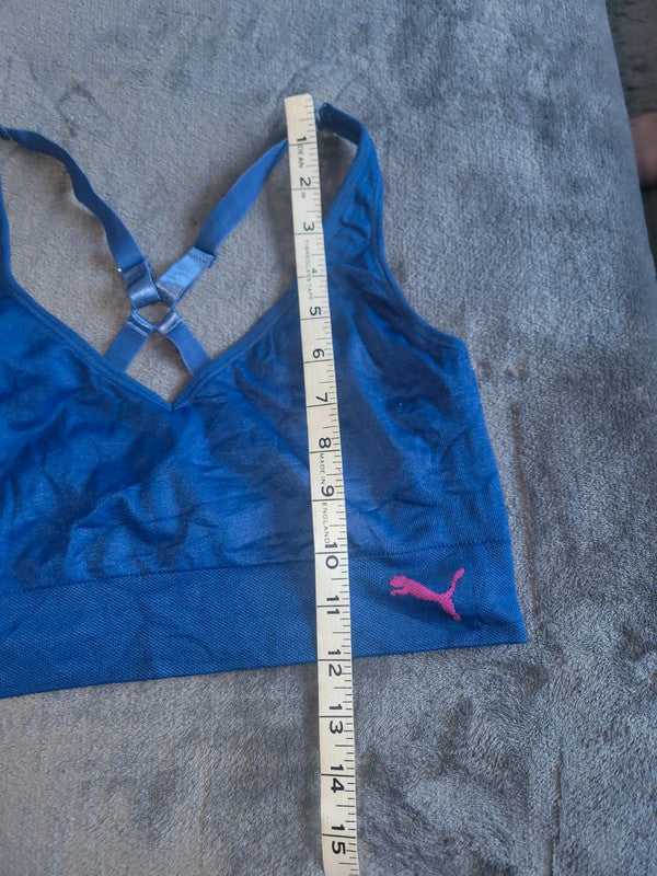 Puma Women’s Sports Bra – Blue with Pink Logo, Size L/12