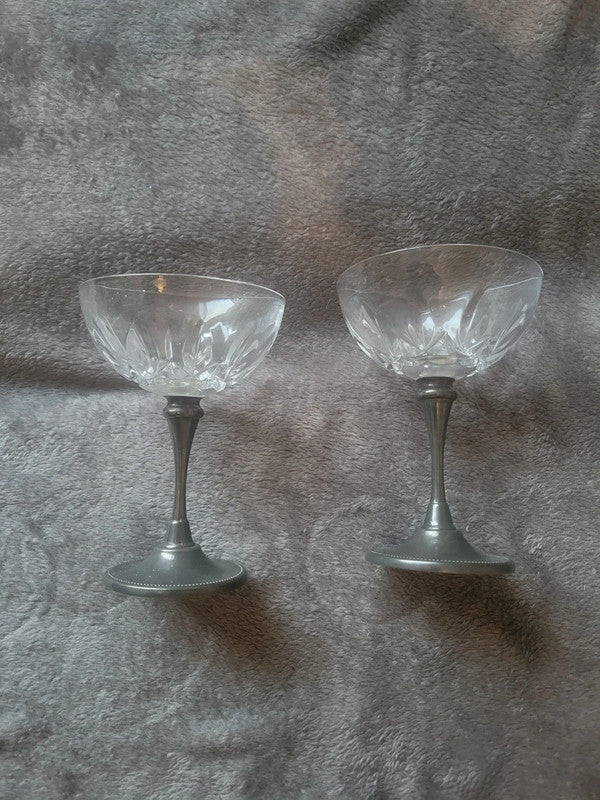Vintage Crystal and Pewter Champagne Coupe Glasses - Set of 2