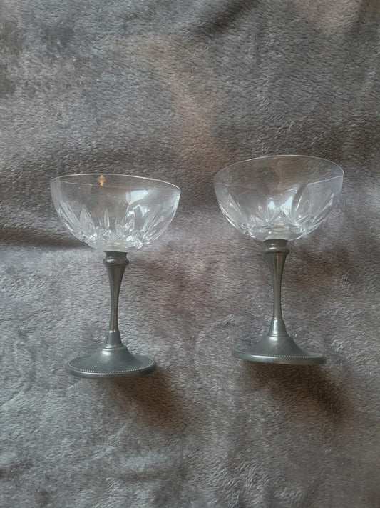Vintage Crystal and Pewter Champagne Coupe Glasses - Set of 2
