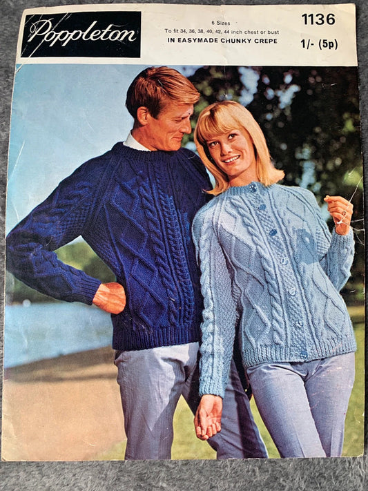 Poppleton Knitting Pattern 1136 – Cable Sweater & Cardigan 34–44in