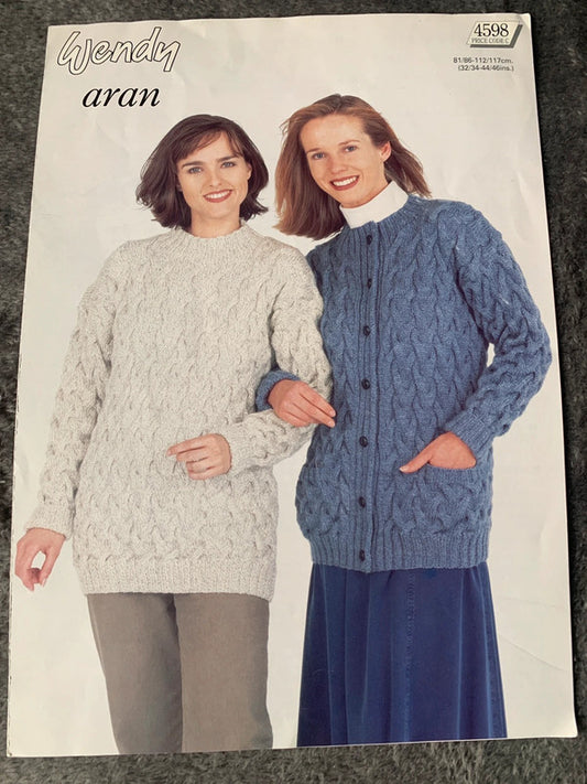 Wendy Knitting Pattern 4598 – Aran Sweater & Cardigan 32–46in