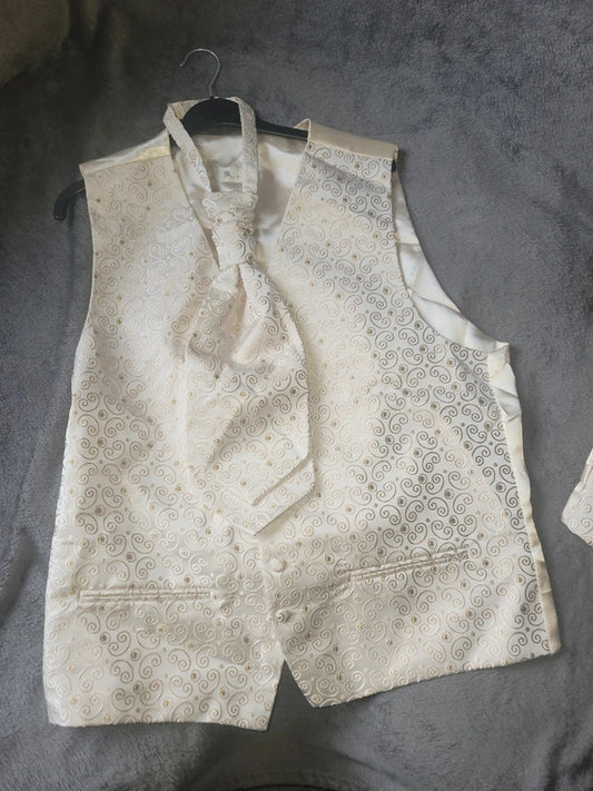 White & Gold Waistcoat with Tie Set