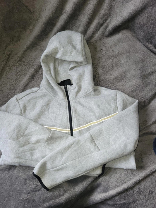 Grey Cropped Zip-Up Hoodie with Reflective Stripe