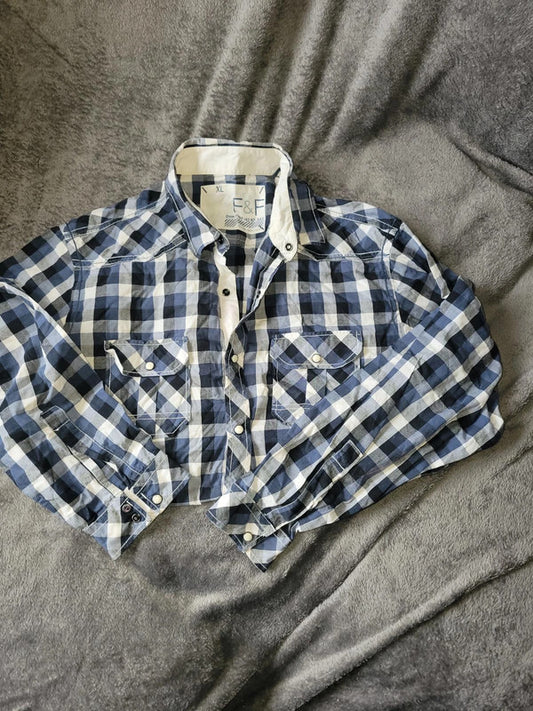 F&F Denim Blue & White Checkered Shirt, Men's XL