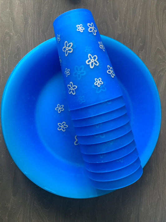 plastic camping dining set here – a stack of blue cups with flower prints and matching blue plates