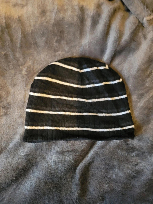 Beanie Hat Black with White Stripes and Logo
