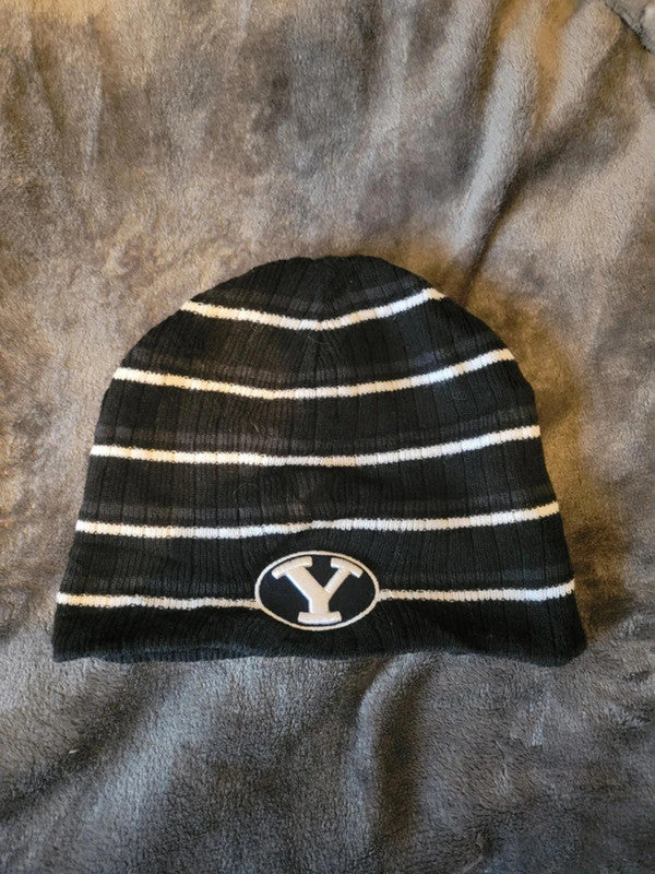 Beanie Hat Black with White Stripes and Logo