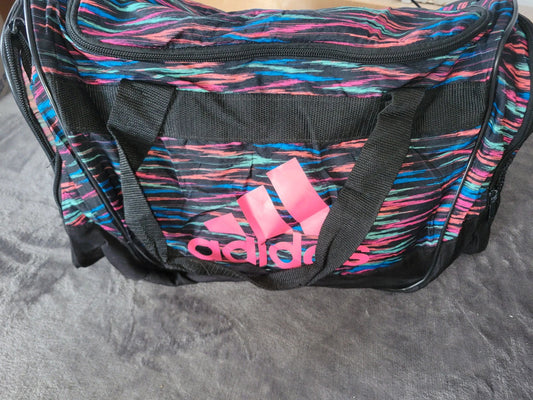 Adidas Multi-Colour Print Duffel / Gym Bag – Black with Pink Logo