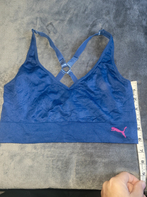 Puma Women’s Sports Bra – Blue with Pink Logo, Size L/12