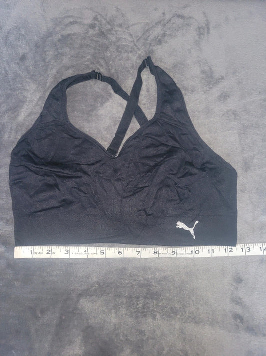 Puma Women’s Black Sports Bra – Small Logo, Adjustable Criss-Cross Back, Size M