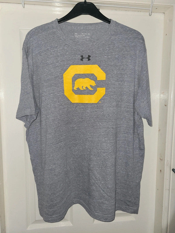 Vintage Under Armour HeatGear Graphic T-Shirt – Grey/Yellow Bear Logo – Size 2XL