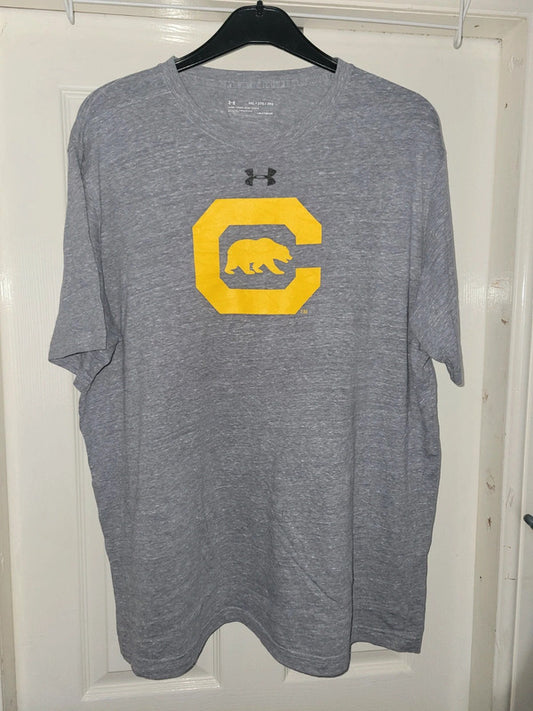 Vintage Under Armour HeatGear Graphic T-Shirt – Grey/Yellow Bear Logo – Size 2XL