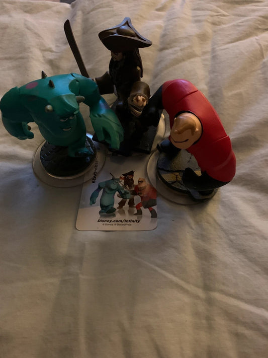 Disney Infinity 1.0 Starter Pack Figure Set, featuring Mr. Incredible, Jack Sparrow, and Sulley
